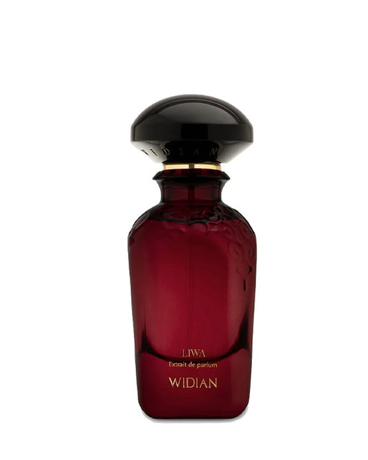 A dark red, elegant perfume bottle with a black rounded cap features "Liwa Eau de Parfum - Widian" by Fragrapedia Haus in gold lettering near the base, hinting at its luxurious oud incense and amber wood fragrance.