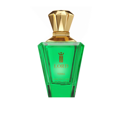 A green glass bottle of TERRA Eau de Parfum by LORD MILANO features a gold crown logo and faceted gold cap, capturing an earthy fragrance with musky amber notes.