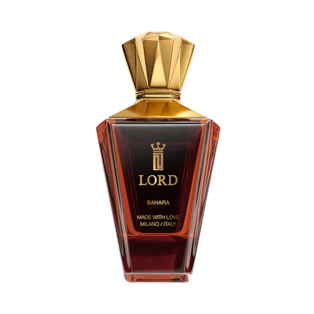 The SAHARA Eau de Parfum by LORD MILANO features a geometric amber-toned bottle with a gold cap, labeled "MADE WITH LOVE MILANO/ITALY," offering an elegant, luxurious look for amber fragrance lovers.