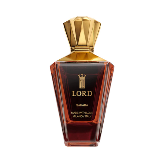 The SAHARA Eau de Parfum by LORD MILANO features a geometric amber-toned bottle with a gold cap, labeled "MADE WITH LOVE MILANO/ITALY," offering an elegant, luxurious look for amber fragrance lovers.