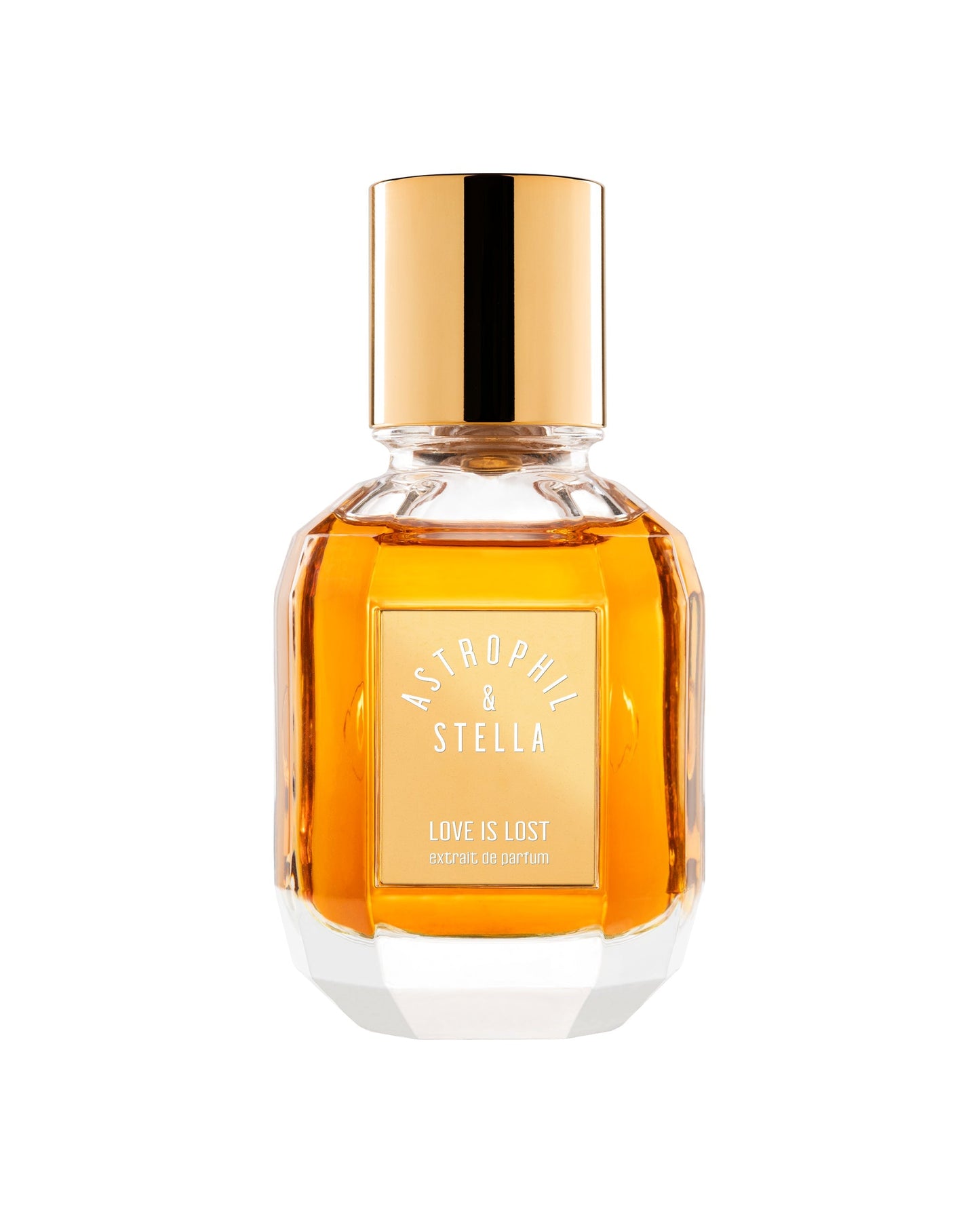 Perfume bottle with gold cap and label on a white background 'Astophil & Stella Love is Lost'