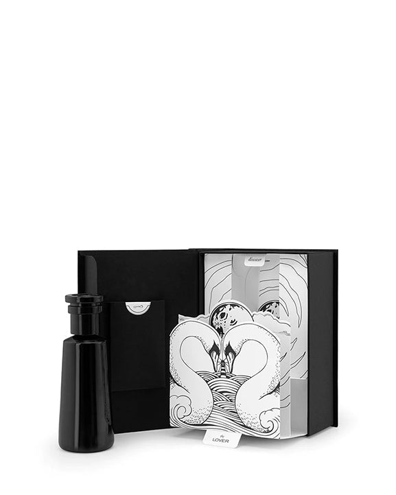 "Lover" Eau de parfum by Argentum Black bottle and packaging with double Swan illustration on a white background