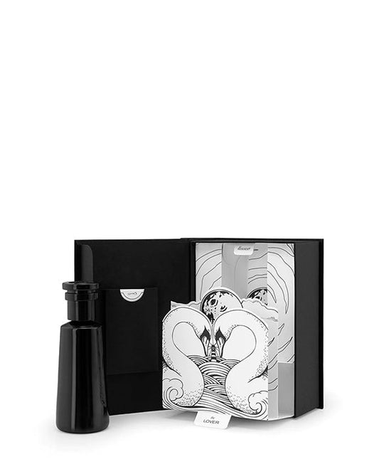 "Lover" Eau de parfum by Argentum Black bottle and packaging with double Swan illustration on a white background