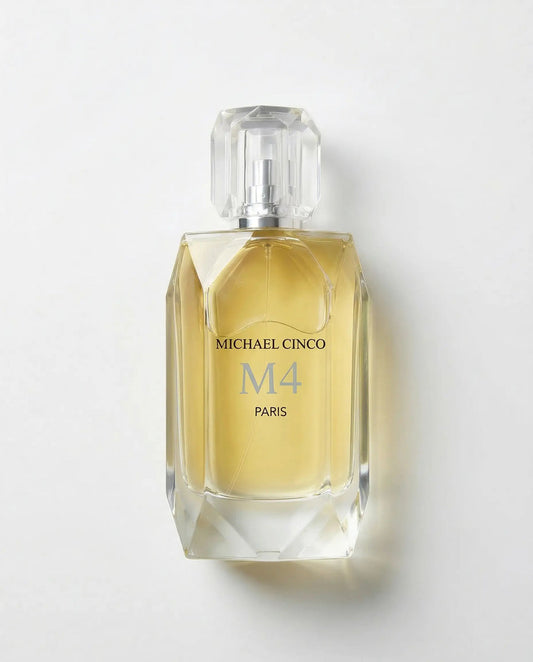 Perfume bottle labeled 'Michael Cinco M4 Paris' on a white background