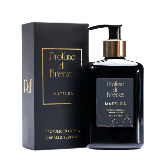 A sleek black bottle of Profumo Di Firenze’s MATELDA BODY LOTION with gold lettering and a Florence skyline stands by its matching box, evoking the charm of peach blossom and sandalwood vanilla notes.