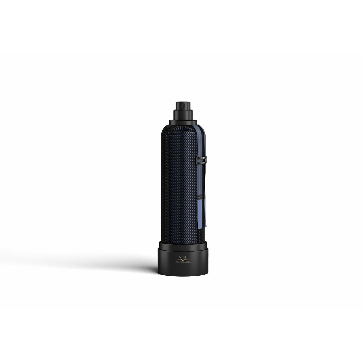 A tall, cylindrical black bottle with a textured surface and blue strap stands upright on a white background, its sleek design echoing the style of Mystic Treasure Eau de Parfum by M.INT PARFUMS.