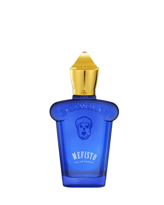 A blue bottle of Mefisto Eau de Parfum - Xerjoff, an elegant Italian fragrance, has a gold cap, embossed logo, and a bearded face sketch on the front.