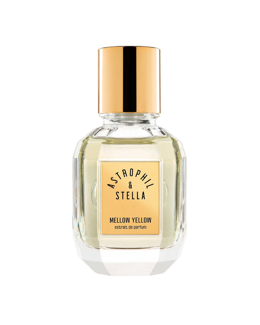 Bottle of fragrance with the words Mellow Yellow Extrait De Parfum by Astrophil & Stella