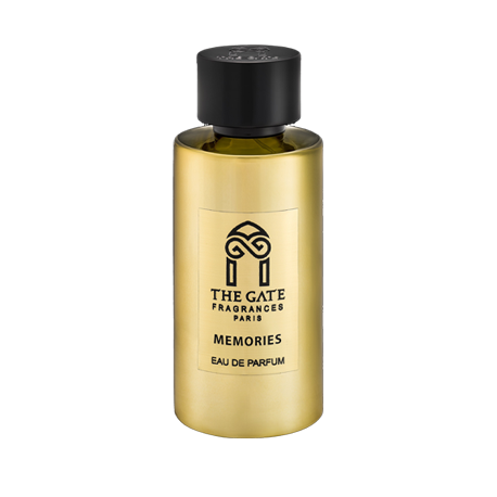 Memories Eau de Parfum by The Gate Paris comes in a gold bottle with a black cap and minimalist label, embodying the essence of an oriental floral fragrance with a memorable touch.
