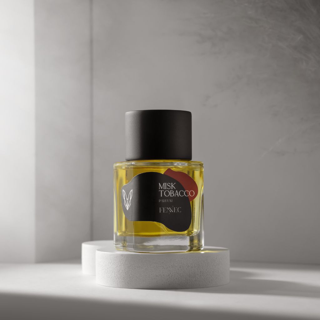 A glass Fennec Misk Tobacco Parfum bottle with a black cap rests on a round white pedestal in soft, minimalist light. The yellow liquid hints at fragrance notes inspired by the North African desert.