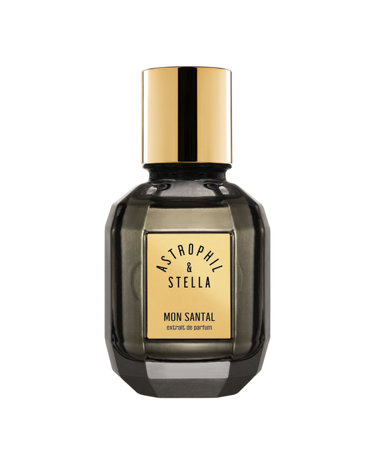 Bottle of fragrance with the words  Mon Santal Extrait De Parfum by Astrophil & Stella