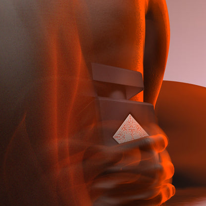 A close-up of a person holding a dark rectangular bottle with an ornate triangular design, bathed in warm orange light and blurred motion—evoking the allure of Mystic Experience Eau de Parfum by INITIO.