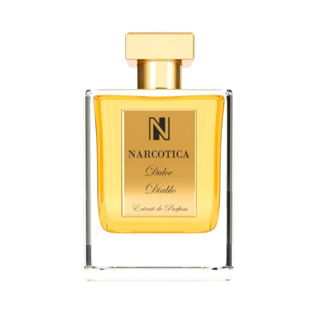 A clear glass bottle with a gold cap and gold label reading "Dulce Diablo Eau de Parfum - Narcotica" holds golden yellow liquid, reflecting the rich Madagascar vanilla notes in this captivating Narcotica fragrance.