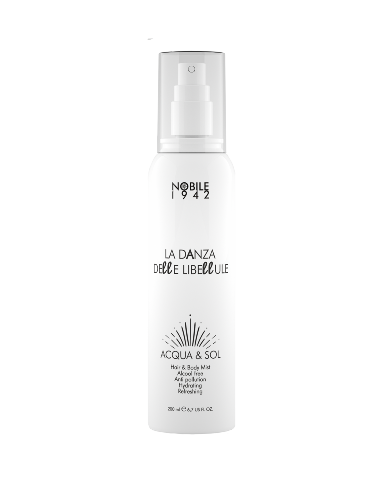 The LA DANZA DELLE LIBELLULE ACQUA and SOL by NOBILE 1942 is a hair and body mist that hydrates, refreshes, protects against pollution, and features an aromatherapy-inspired fragrance.