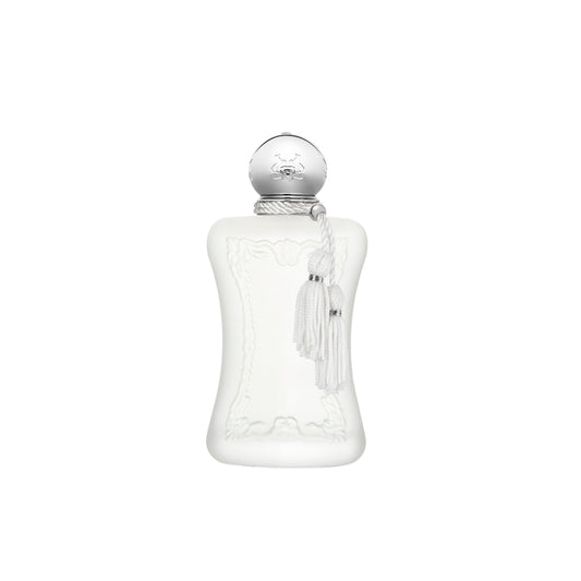 A white, ornate perfume bottle with a silver cap and two white tassels evokes 18th-century elegance—a contemporary, feminine touch from Parfums de Marly's Valaya Eau de Parfum.