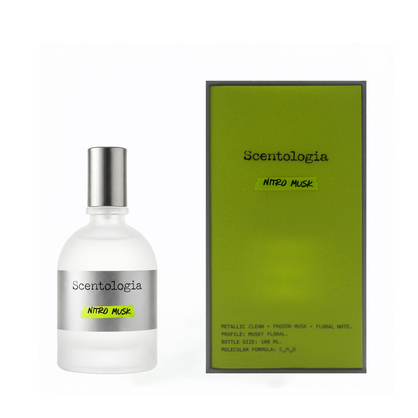 Nitro Musk Eau De Parfum by Scentologia perfume bottle and packaging on a white background