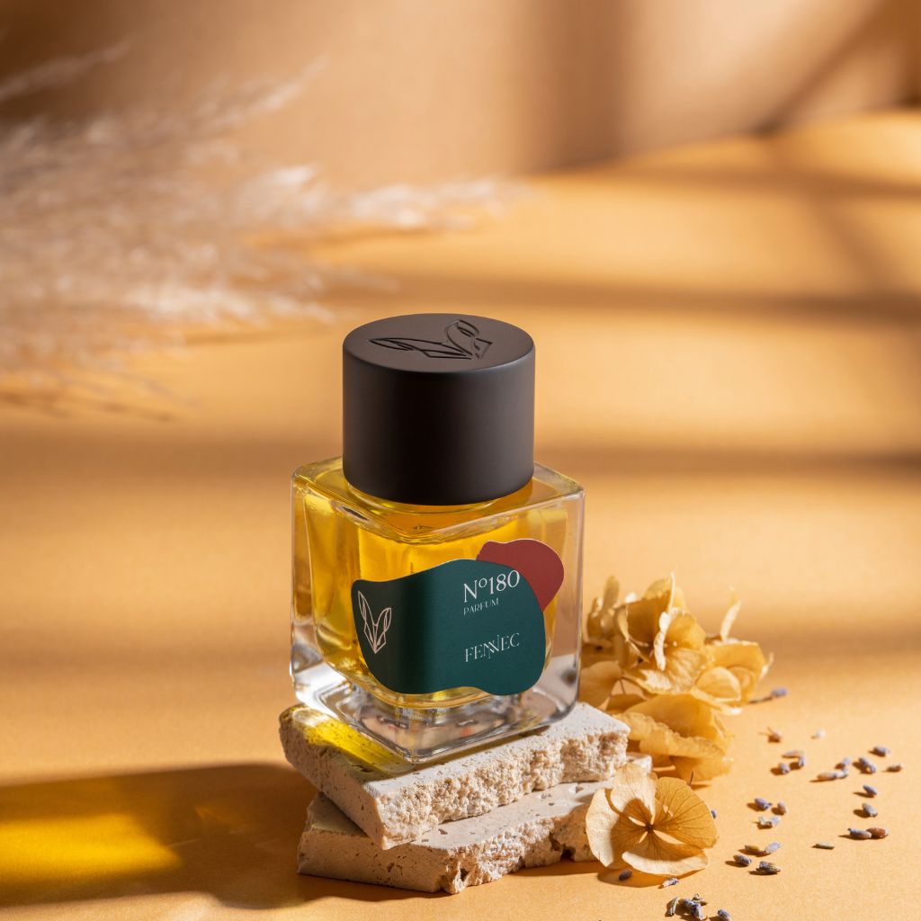 The Fennec N80 Parfum, a glass bottle of golden fragrance, rests on stone slabs amid dried flowers, its warm beige tones and desert fox inspiration brought to life in soft natural light and shadow.