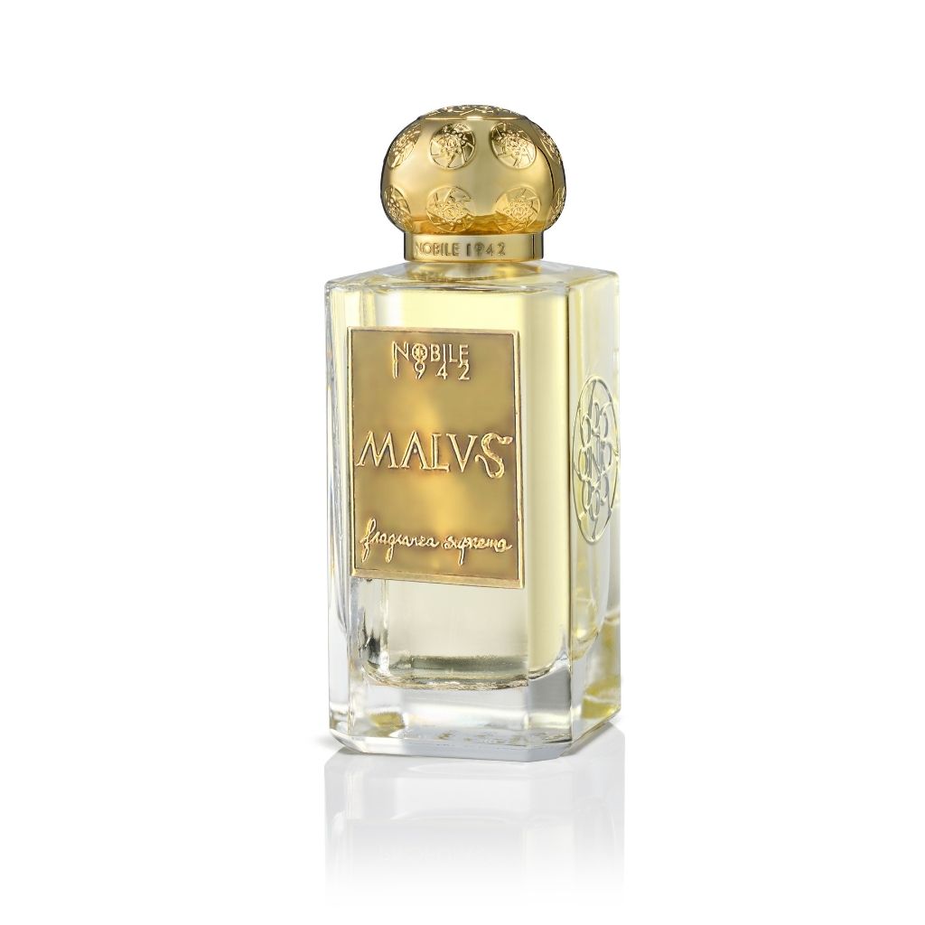 A clear glass MALVS Eau de Parfum bottle by Nobile 1942 features a gold ornate cap and label. This rectangular fragrance, from the oriental incense family, is elegantly displayed on a white background.