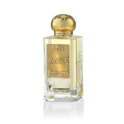 A clear glass MALVS Eau de Parfum bottle by Nobile 1942 features a gold ornate cap and label. This rectangular fragrance, from the oriental incense family, is elegantly displayed on a white background.