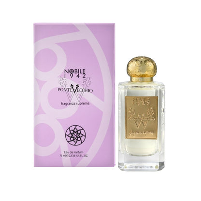 A bottle of Nobile 1942 PONTEVECCHIO W Eau de Parfum stands next to its pink and gold box with the brand name and logo. The bottle features a gold cap and a rectangular gold label on the front.