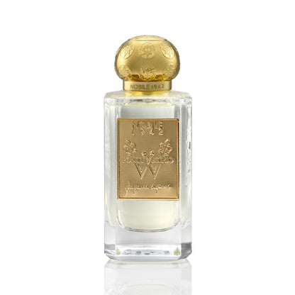 The PONTEVECCHIO W Eau de Parfum by Nobile 1942 features a clear glass bottle with a gold cap and embossed floral label, containing a light-colored iris floral fragrance from Florence, part of the Fragranza Suprema Collection.