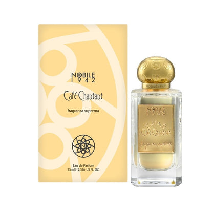 A bottle of Nobile 1942 CAFE CHANTANT Eau de Parfum with a gold cap and gold label is displayed beside its light yellow, gold-accented box adorned with decorative designs.