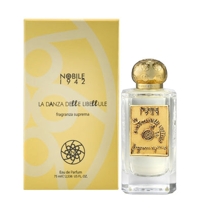 A bottle of LA DANZA DELLE LIBELLULE EDP by Nobile 1942, featuring an ornate gold label and cap, sits beside its yellow box displaying the brand and product name—ideal for fans of gourmand fragrances.