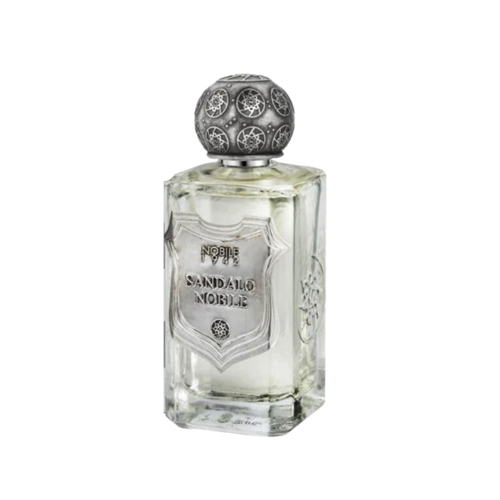 SANDALO NOBILE Eau de Parfum by Nobile 1942 comes in a clear glass bottle with an ornate round silver cap and decorative silver label, reflecting vintage elegance and hinting at the sandalwood fragrance within.
