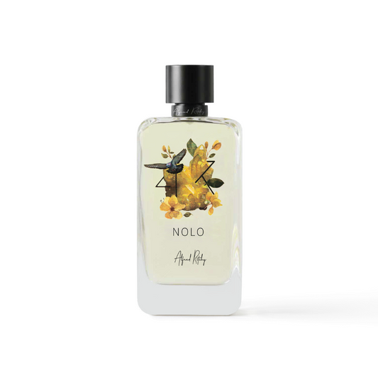 A transparent 100ml NOLO Eau de Parfum by Alfred Ritchy with a black cap; the label reads "NOLO" and "Alcohol Ruby." The front shows a black bird on yellow flowers, reflecting the lively energy of nighttime.
