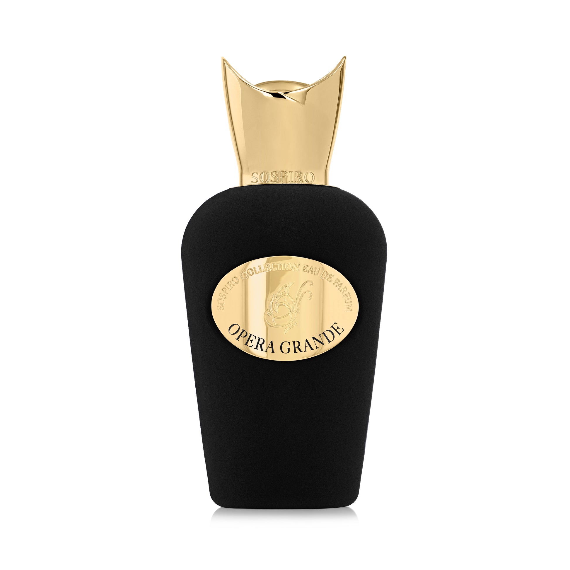 The Opera Grande Eau de Parfum by SOSPIRO comes in a matte black bottle with a gold, crown-shaped cap and a gold oval label. Its elegant design reflects the luxurious essence of Turkish Rose found in premium Opera perfumes.