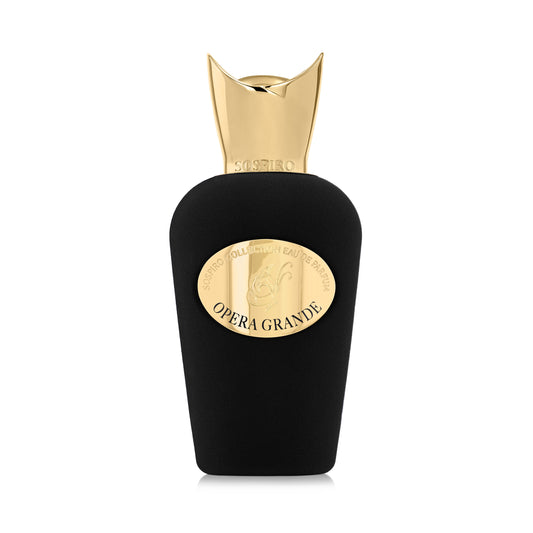 The Opera Grande Eau de Parfum by SOSPIRO comes in a matte black bottle with a gold, crown-shaped cap and a gold oval label. Its elegant design reflects the luxurious essence of Turkish Rose found in premium Opera perfumes.