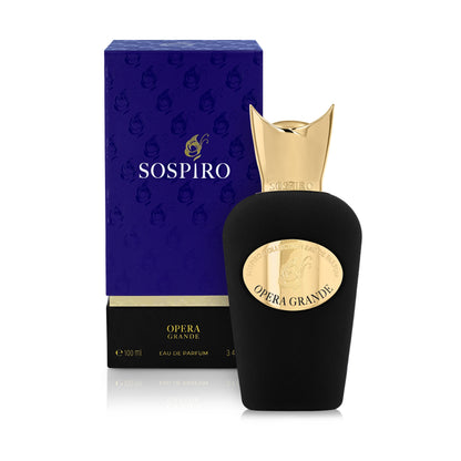 A black and gold Opera Grande Eau de Parfum by SOSPIRO stands before its matching blue and gold box. The elegant bottle, with a gold cap and oval label, suggests luxurious Turkish Rose notes within.