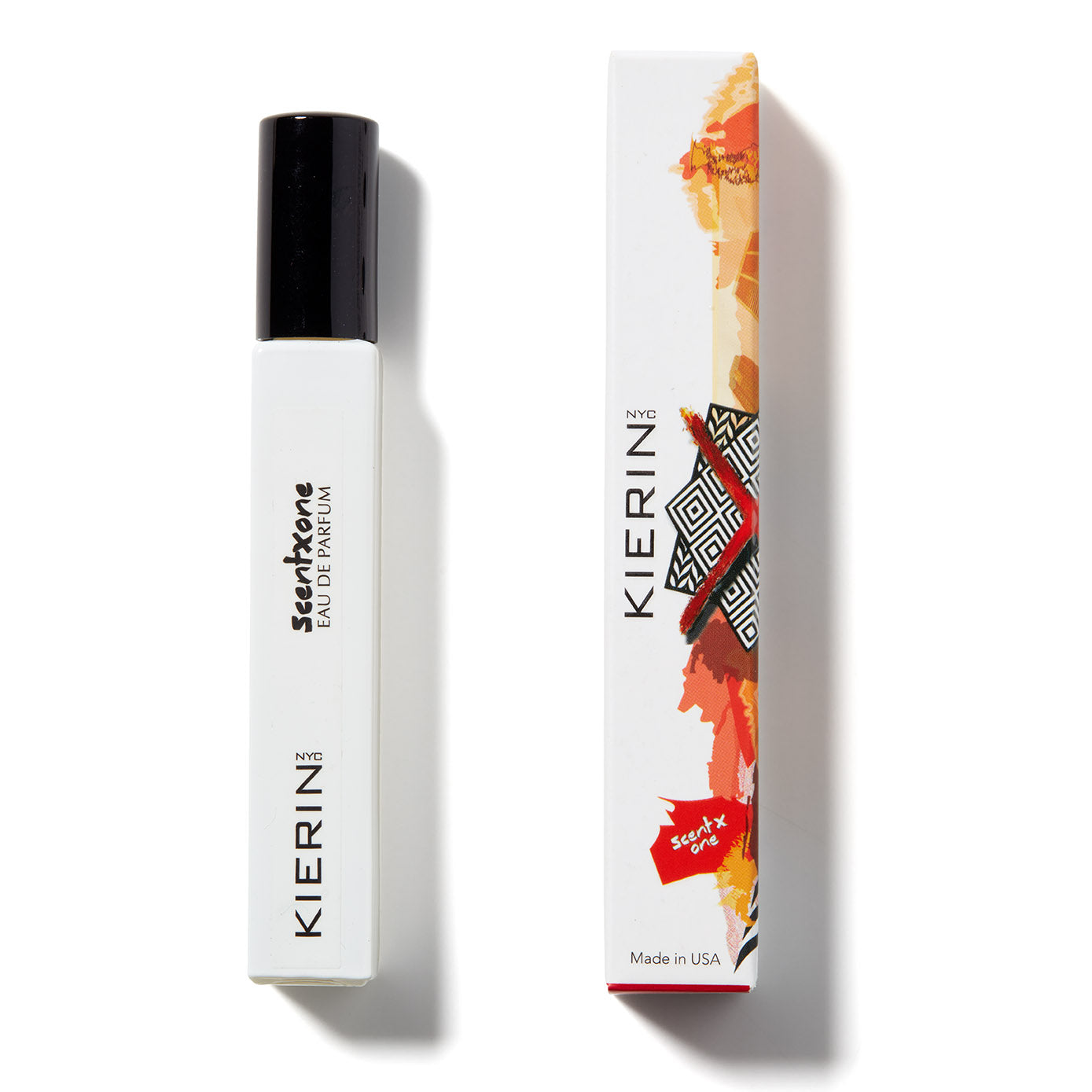 A white rectangular ScentXOne Eau de Parfum bottle by Kierin with a black cap is displayed beside its vibrant, patterned box, highlighting the elegant presentation of this premium fragrance.
