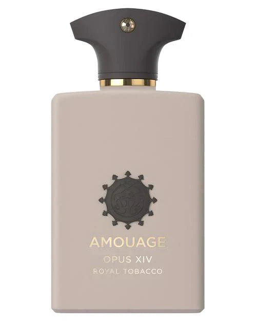 A beige rectangular perfume bottle with a black cap and gold accents, featuring an embossed emblem and a label reading "Opus XIV Royal Tobacco Eau de Parfum - Amouage" by Fragrapedia Haus, exuding luxurious frankincense notes.