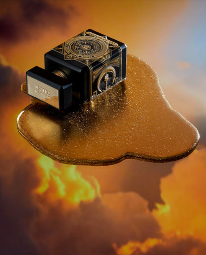 The luxurious black and gold bottle of Oud For Greatness Eau de Parfum by INITIO stands on a shimmering gold surface, set against a vibrant sunset sky.