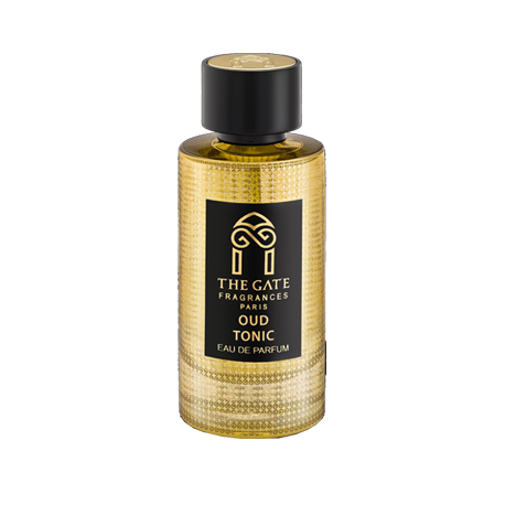 A gold textured bottle of Oud Tonic Eau de Parfum by The Gate Paris, featuring a black label and cap, is displayed against a white background.