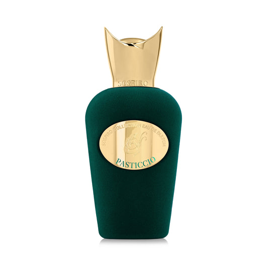 A dark green bottle with a gold, crown-shaped cap and an oval label reading "Pasticcio" by SOSPIRO evokes a floral bouquet. The Pasticcio Eau de Parfum - Sospiro is set against a crisp white background.