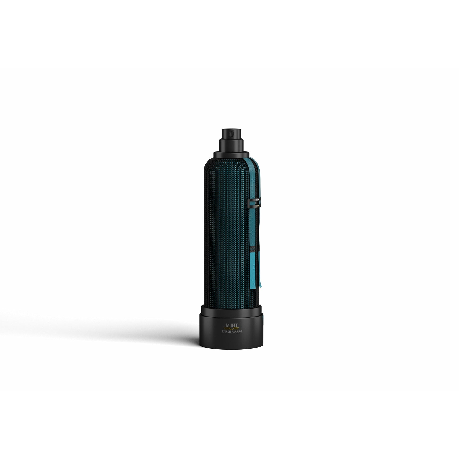 A sleek, black Pitch and Toss Eau de Parfum by M.INT with a textured grip and teal strap, inspired by bergamot and woody fruity notes, stands upright on a white background.