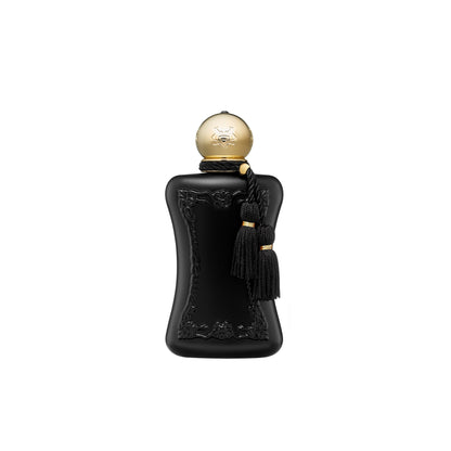 A curvy black bottle with ornate floral details, a gold spherical cap, and black tassels captures the elegance of Athalia Eau de Parfum by Parfums de Marly—a distinctly feminine fragrance.