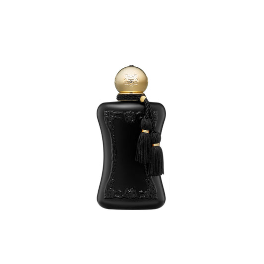 A curvy black bottle with ornate floral details, a gold spherical cap, and black tassels captures the elegance of Athalia Eau de Parfum by Parfums de Marly—a distinctly feminine fragrance.