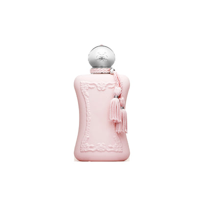 A pale pink bottle with embossed designs, a shiny silver cap, and a pink tasseled cord embodies the elegance of Delina Eau de Parfum by Parfums de Marly, showcased against a white background.
