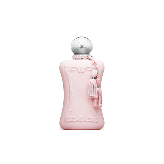A pale pink bottle with embossed designs, a shiny silver cap, and a pink tasseled cord embodies the elegance of Delina Eau de Parfum by Parfums de Marly, showcased against a white background.