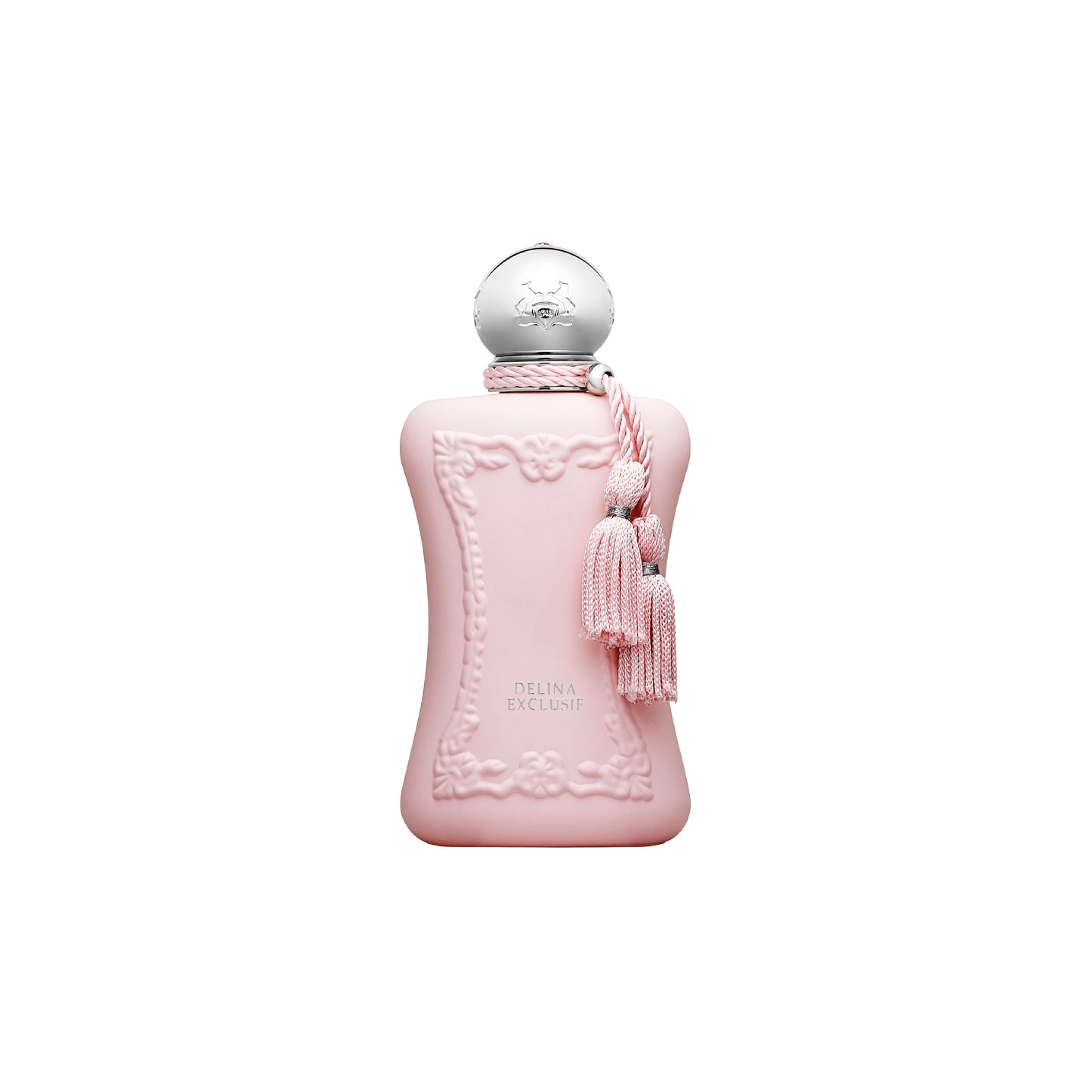 A pastel pink Delina Exclusive Eau de Parfum by Parfums de Marly features ornate embossed details, a shiny silver cap, and two pink tassels. The Turkish rose scent bottle stands out against a plain white background.