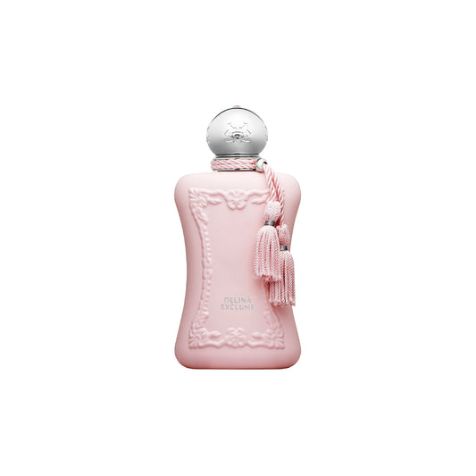 A pastel pink Delina Exclusive Eau de Parfum by Parfums de Marly features ornate embossed details, a shiny silver cap, and two pink tassels. The Turkish rose scent bottle stands out against a plain white background.