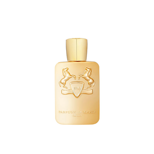 The Godolphin Royal Essence Eau de Parfum by Parfums de Marly comes in a gold bottle with embossed rearing horses and shield, gold cap, and brand name on front. Inspired by refined leather fragrance.