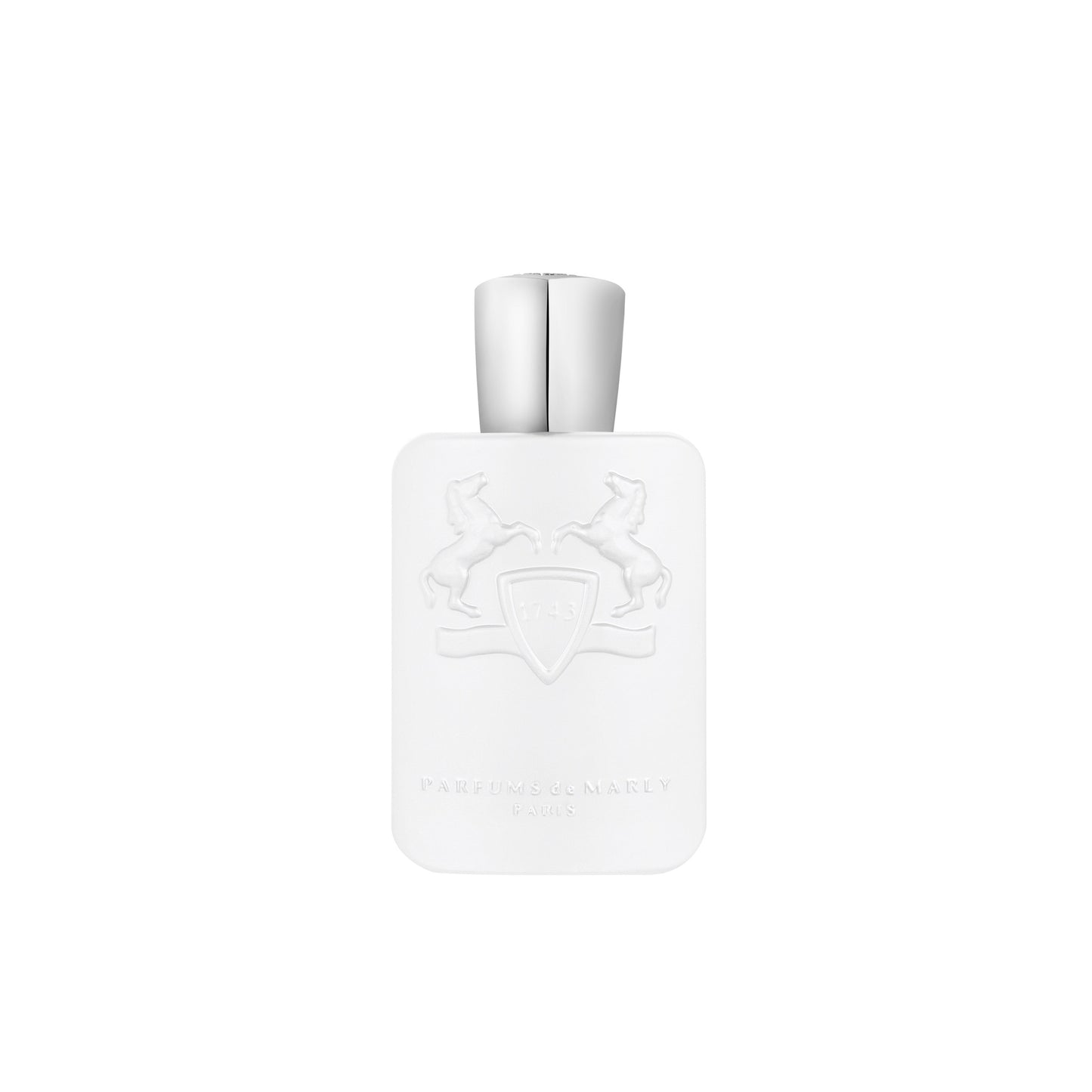 A white bottle with a silver cap embossed with two rearing horses and a shield, plus “Parfums de Marly Paris,” houses Galloway Royal Essence Eau de Parfum—a citrus aromatic fragrance by Parfums de Marly.