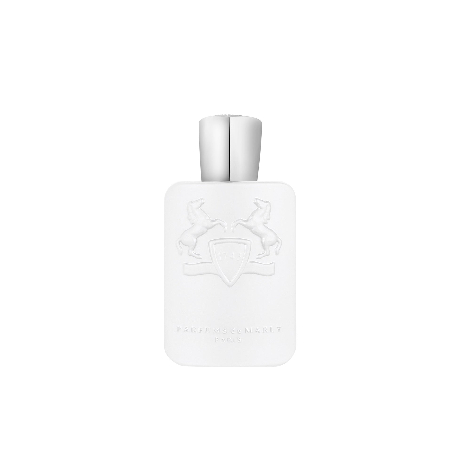A white bottle with a silver cap embossed with two rearing horses and a shield, plus “Parfums de Marly Paris,” houses Galloway Royal Essence Eau de Parfum—a citrus aromatic fragrance by Parfums de Marly.
