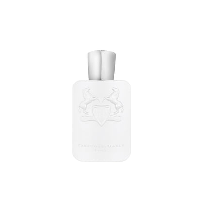 A white bottle with a silver cap embossed with two rearing horses and a shield, plus “Parfums de Marly Paris,” houses Galloway Royal Essence Eau de Parfum—a citrus aromatic fragrance by Parfums de Marly.