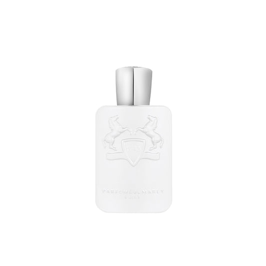 A white bottle with a silver cap embossed with two rearing horses and a shield, plus “Parfums de Marly Paris,” houses Galloway Royal Essence Eau de Parfum—a citrus aromatic fragrance by Parfums de Marly.