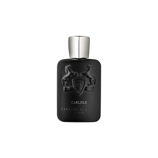 The Carlisle Eau de Parfum by Parfums de Marly comes in a black bottle with a silver cap, embossed with two rearing horses and a shield logo, reflecting its luxurious sandalwood and vanilla fragrance.